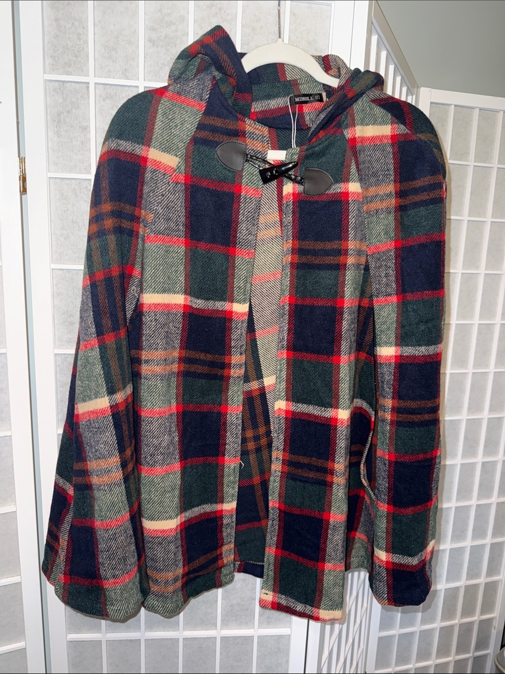 Women’s Plaid Hooded Toggle Coat - Green/Navy/Red One Size